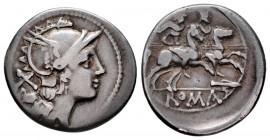 Anonymous. Denarius. 208-200 BC. (Ffc-52). (Craw-88/2a). (Cal-23). Anv.: Head of Roma right, X behind. Rev.: The Dioscuri riding right, stars above, s...