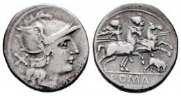 Anonymous. Denarius. 206-195 BC. Rome. (Ffc-60). (Craw-116/1b). (Cal-30). Anv.: Head of Roma right, X behind. Rev.: The Dioscuri riding right, stars a...