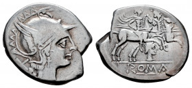 Anonymous. Denarius. 200-190 BC. Rome. (Ffc-No cita). (Craw-127/1). Anv.: Head of Roma right, X behind. Rev.: The Dioscuri riding right, stars above, ...