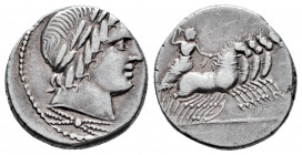 Anonymous. Denarius. 86 BC. Rome. (Ffc-85). (Craw-350/A2). (Cal-59). Anv.: Laureate head of Apolo Vejovis right, thunderbolt below. Rev.: Jupiter in q...