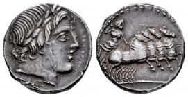 Anonymous. Denarius. 87 BC. Rome. (Ffc-86). (Craw-350/A2). Anv.: Laureate head of Apolo Vejovis right, thunderbolt below, letter M in the center of th...