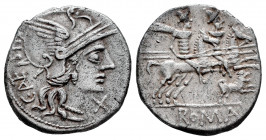 Antestius. Caius Antestius. Denarius. 146 BC. Auxiliary mint of Rome. (Ffc-147). (Craw-219/1c). (Cal-125). Anv.: Head of Roma right, X below chin, C. ...