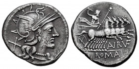 Aurelius. Aurelius Rufus. Denarius. 144 BC. Rome. (Ffc-183). (Craw-221/1). (Cal-254). Anv.: Head of Roma right, X behind. Rev.: Jupiter in quadriga ri...