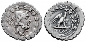 Aurelius. Lucius Aurelius Cotta. Denarius. 105 BC. Rome. (Ffc-187). (Craw-314/1b). (Cal-258). Anv.: Draped bust of Vulcan right, wearing laureate pile...