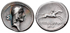 Calpurnius. C. Calpurnius Piso Frugi. Denarius. 64 BC. Rome. (Ffc-356). (Cal-336). Anv.: Diademed head of Apolo right, M· behind head. Rev.: Horseman ...