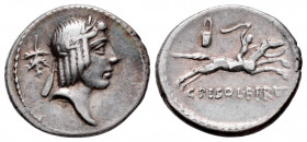 Calpurnius. C. Calpurnius Piso Frugi. Denarius. 64 BC. Rome. (Ffc-356). (Cal-336). Anv.: Diademed head of Apolo right, oak leaf behind head. Rev.: Hor...