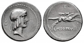 Calpurnius. C. Calpurnius Piso Frugi. Denarius. 64 BC. Rome. (Ffc-470). (Craw-340/1). (Rsc-347). Anv.: Diademed head of Apollo right, three pellets be...