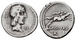 Calpurnius. C. Calpurnius Piso Frugi. Denarius. 64 BC. Rome. (Ffc-470). (Craw-no cita). Anv.: Diademed head of Apollo right, trident behind head, befo...