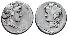 Cassius. L. Cassius Q.f. Longinus. Denarius. 78 BC. Rome. (Ffc-556). (Craw-386/1). (Cal-410). Anv.: Head of Liber or Bacchus right, thyrsus over shoul...