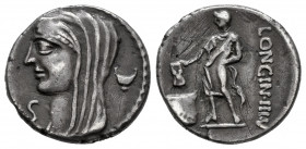 Cassius. L. Cassius Longinus. Denarius. 55 BC. Rome. (Ffc-561). (Craw-413/1). (Sydenham-415). Anv.: Draped bust of Vesta veiled Ieft, kylix behind, le...