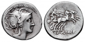 Claudia. C. Claudius Pulcher. Denarius. 110-109 BC. Rome. (Ffc-565). (Craw-300/1). (Cal-424). Anv.: Head of Roma right. Rev.: Victory in biga right, C...