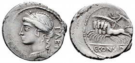 Considius. C. Considius Paetus. Denarius. 46 BC. Rome. (Ffc-590). (Craw-465/4). (Cal-457). Anv.: PAET(I) behind head of Venus left, diademed and laure...