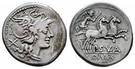 Cornelius. P. Cornelias Sulla. Denarius. 151 BC. Rome. (Ffc-607). (Craw-205/1). (Cal-468b). Anv.: Head of Roma right. X behind. Rev.: Victory holding ...