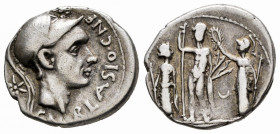 Cornelius. Cnaeus Cornelius Blasio. Denarius. 112-111 BC. Rome. (Ffc-608). (Craw-296/1v). (Rsc-469). Anv.: Helmeted head right, (Scipio Africanus the ...