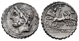 Cornelius. L. Cornelius Scipio Asiagenus. Denarius. 106 BC. Rome. (Ffc-615). (Craw-311/1a). (Cal-476). Anv.: Laureate head of Jupiter left, letter R b...