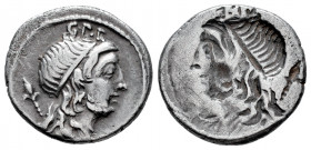 Cornelius. Cn Cornelius Lentulus Marcellinus. Incuse denarius. 76-75 BC. Hispania. (Ffc-626). (Craw-393/1a). (Cal-486). Anv.: G. P. R. above diademed ...