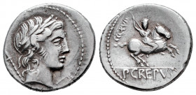 Crepusius. Publius Crepusius. Denarius. 82 BC. Rome. (Ffc-659). (Craw-361/1b). (Cal-524). Anv.: Laureate head of Apollo right, sceptre over shoulder, ...