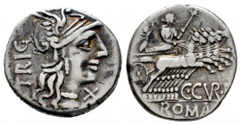 Curiatius. C. Curiatius f. Trigeminus. Denarius. 135 BC. Rome. (Ffc-667). (Craw-240/1a). (Cal-532). Anv.: Head of Roma right, TRIG behind. X below chi...