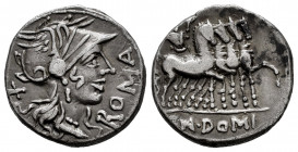 Domitius. Cnaeus Domitius Ahenobarbus. Denarius. 116-115 BC.. Norte de Italia. (Ffc-681). (Craw-285/1). (Cal-544). Anv.: Head of Roma right, X behind....