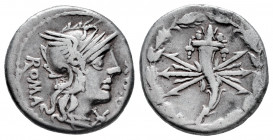 Fabius. Q. Fabius Maximus Eburnus. Denarius. 127 BC. Rome. (Ffc-693). (Craw-265/1). (Cal-567). Anv.: Head of Roma. X below chin. (Q. MAX), (MA interla...