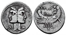 Fonteius. C. Fonteius. Denarius. 114-113 BC. South of Italy. (Ffc-713). (Craw-290/1). (Cal-585). Anv.: Janiform head, Fons or Fontus, laureate, value ...