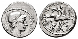 Fonteius. P. Fonteius P. f. Capito. Denarius. 55 BC. Rome. (Ffc-723). (Craw-429/1). (Cal-594). Anv.: P. FONTEIVS. P.F. CAPITO III. VIR., bust of Mars ...