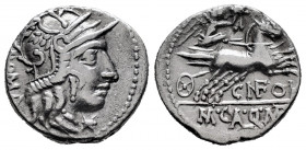 Fulvius. Cn. Fulvius, M. Calidius y Q. Metellus. Denarius. 117-111 BC. Norte de Italia. (Ffc-726). (Craw-284/1b). (Cal-596). Anv.: Head of Roma right,...