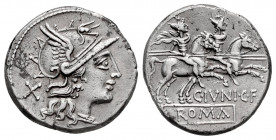 Junius. C. Junius C. f. Denarius. 149 BC. Rome. (Ffc-776). (Craw-210/1). (Cal-859). Anv.: Head of Roma right, X behind. Rev.: The Dioscuri right, star...
