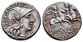 Lucretius. Cnaeus Lucretius Trio. Denarius. 136 BC. Rome. (Ffc-822). (Craw-237/1). (Cal-910). Anv.: TRIO behind head of Roma right, X below chin. Rev....