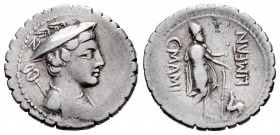 Mamilius. C. Mamilius Limetanus. Denarius. 82 BC. Auxiliary mint of Rome. (Ffc-835). (Craw-362/1). (Cal-920). Anv.: Bust of Mercury right, caduceus be...
