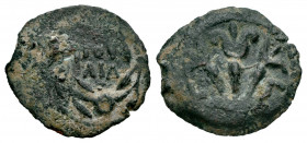 Judaea. Valerius Gratus. Prutah. RY 3 = 16/7 CE. Jerusalem. Struck under Tiberius. (TJC-321). (Rpc-I 4961). (Hendin-1335). Anv.: IOYΛIA in two lines w...
