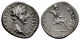 Tiberius. Denarius. 14-33 AD. Lugdunum. (Spink-1763). (Ric-26). (Seaby-16). Rev.: PONTIF MAXIM, Livia seated right holding branch and spear. Ag. 3,73 ...