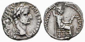 Tiberius. Denarius. 14-37 AD. Lugdunum. (Ric-30). (Seaby-16a). Anv.: TI CAESAR DIVI AVG F AVGVSTVS, laureate head right. Rev.: PONTIF MAXIM, female fi...