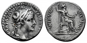 Tiberius. Denarius. 14-37 AD. Lugdunum. (Ric-30). (Bmcre-48). (Rsc-16a). Anv.: TI CAESAR DIVI AVG F AVGVSTVS, laureate head right. Rev.: PONTIF MAXIM,...