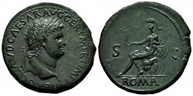 Nero. Sestertius. 65 AD. Rome. (Ric-277). (Bmc-232). Anv.: NERO CLAVD CAESAR AVG GER PM TR P IMP PP, Laureate bust right. Rev.: ROMA S C, Rome in mili...
