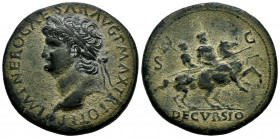 Nero. Sestertius. 67 AD. Lugdunum. (Lyon-266). (Ric-582). Anv.: IMP NERO CAESAR AVG GERM P MAX TRIB POT PP, laureate bust left, globe at point of bust...