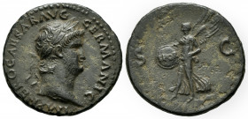 Nero. Unit. 65 AD. Rome. (Ric-I 368). (Bmc-250). Anv.: IMP NERO CAESAR AVG GERMANIC, laureate head to right. Rev.: Victory winged and draped, moving l...