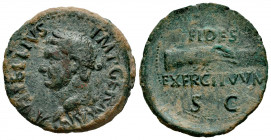 Vitellius. Unit. 69 AD. Tarraco. (Ric-I 42). (Bmcre-103). Anv.: A VITELLIVS IMP GERMAN, laureate head left, globe at point of bust. Rev.: FIDES EXERCI...