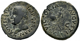 Vitellius. Unit. 69 AD. Tarraco. (Ric-I 46). (Bmcre-107). Anv.: A VITELLIVS IMP GERMAN, laureate head to left, globe at point of bust. Rev.: VICTORIA ...