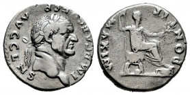 Vespasian. Denarius. 73 AD. Rome. (Ric-65). Anv.: IMP CAES VESP AVG CENS, laureate head to right. Rev.: PONTIF MAXIM, emperor seated right, with branc...