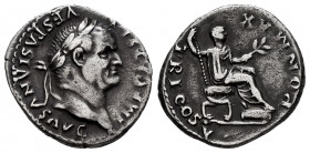 Vespasian. Denarius. 74 AD. Rome. (Ric-702). (Bmcre-136). Anv.: IMP CAESAR VESPASIANVS AVG, laureate head to right. Rev.: PON MAX TR P COS V, Emperor ...