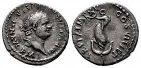 Titus. Denarius. 80 AD. Rome. (Spink-2517). (Ric-26). (Seaby-309). Rev.: TR P IX IMP XV COS VIII PP. Dolphin entwined around anchor. Ag. 3,13 g. VF. E...