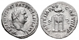 Titus. Denarius. 80 AD. Rome. (Ric-128). (Rsc-321). Anv.: IMP TITVS CAES VESPASIAN AVG P M, laureate head right. Rev.: TR P IX IMP XV COS VIII P P, tr...
