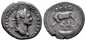 Domitian. Denarius. 77-78 AD. Rome. (Ric-961). (Seaby-51). Rev.: COS V. She-wolf standing left, suckling Romulus and Remu. Below boat. Ag. 2,92 g. Alm...