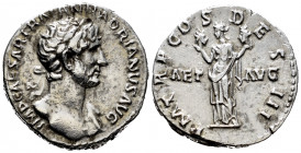 Hadrian. Denarius. 118 AD. Rome. (Spink-3458). (Ric-48). (Seaby-129). Rev.: AET AVG / P M TR P COS DES III. Aeternitas standing left, holding up busts...