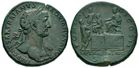 Hadrian. Sestertius. 117-138 AD. Rome. (Ric-163). Anv.: IMP CAESAR TRAIANVS HADRIANVS AVG. Laureate bust right, with slight drapery. Rev.: PONT MAX TR...