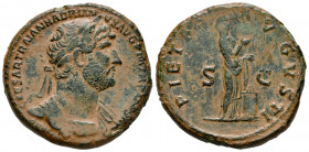 Hadrian. Sestertius. 121 AD. Rome. (Ric-II 3, 473). (Bmcre-1202). Anv.: IMP CAESAR TRAIAN HADRIANVS AVG P (M TR P COS III), laureate, draped and cuira...