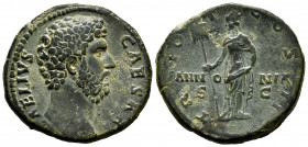 Aelius. Sestertius. 137 AD. Rome. (Ric-II 3. 2656). (Bmcre-1919 Hadrian). (C-24). Anv.: L AELIVS CAESAR, bare head to right. Rev.: TR POT COS II, Pann...