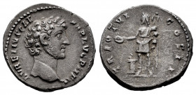 Marcus Aurelius. Denarius. 151-152 AD. Rome. (Ric-453c). (Seaby-647a). Rev.: TR POT VI COS II. Genius Exercitus standing left, holding aquila and sacr...