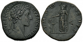 Commodus. Sestertius. 179 AD. Rome. (Ric-1607). (Bmcre-1703). (C-234). Anv.: L AVREL COMMODVS AVG TR P IIII, laureate head right. Rev.: IMP III COS II...